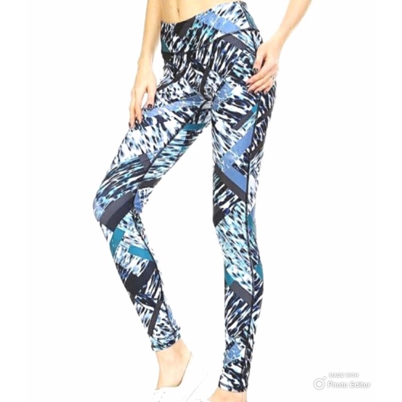 New MONO B Blue Strokes Active Yoga Workout Leggings - Picture 2 of 8